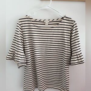 J.crew Cream & Navy Ruffle Bell Sleeve Striped Crew Neck Cotton Shirt